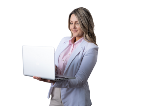 Businesswoman holding laptop smiling at screen - Powered by Adobe