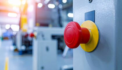 Red emergency stop button on industrial machinery, urgent safety control, automation equipment