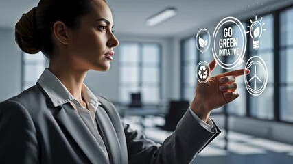 Businesswoman exploring Environmental concept using futuristic technologies.