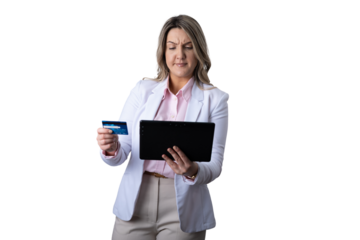 Woman feeling confused about online payment with credit card