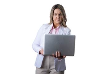 Businesswoman feeling confused and stressed using laptop