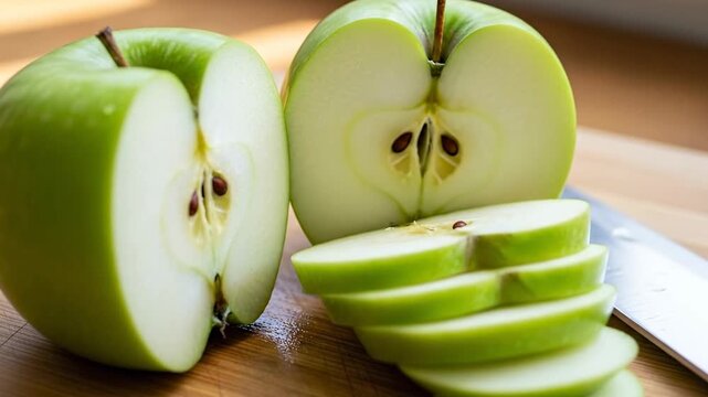 Fresh Green Apples Sliced on a Wooden Cutting Board with Knife.
