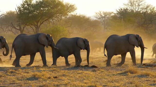 African elephants walking in a row on the savanna, wildlife conservation, herd in natural habitat, outdoors.