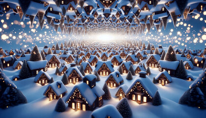 Snow-covered houses repeating in a recursive mirror illusion, giving an infinite Christmas village effect.