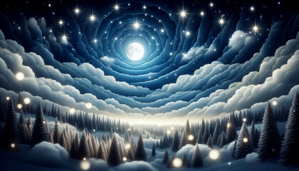 Snow-covered pine forests and a night sky with layers of stars surrounding a full moon create a 3D illusion.