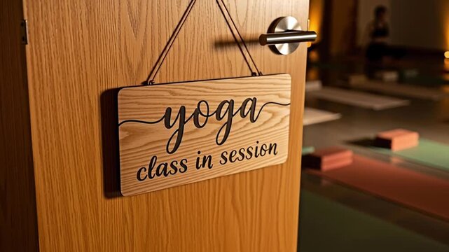 Yoga class sign on a wooden door, symbolizing a tranquil atmosphere for fitness.