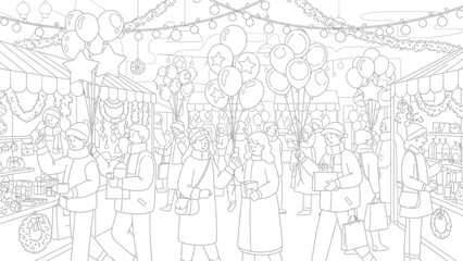 Fototapeta premium People enjoy winter holiday market with balloons and gifts in line art style