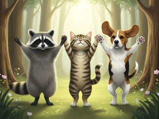 A charming illustration of a raccoon, cat, and dog standing together in a forest clearing, arms raised in celebration, bathed in soft, dappled sunlight