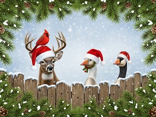Festive holiday scene featuring a deer with a cardinal on its head and two geese wearing santa hats peeking over a snowcovered wooden fence