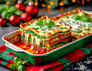 Naklejka premium Festive Christmas Spinach and Cheese Lasagna Bake with Melted Mozzarella and Basil