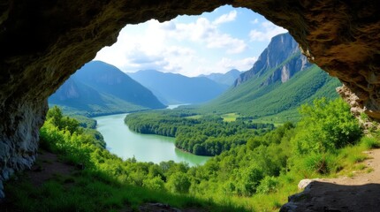 Scenic paradise view of lush green valley river and mountains seen through natural cave opening framing breathtaking landscape