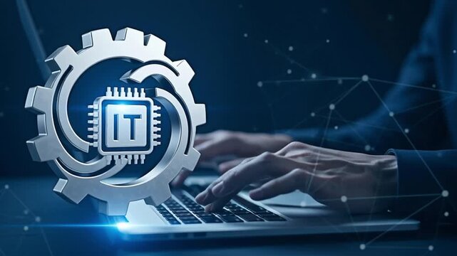 IT tech concept with a computer and a gear wheel for the theme of Technology innovation.