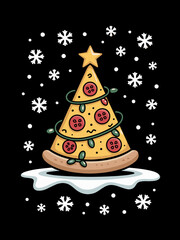 A festive Christmas tree designed in a fun pizza slice shape, complete with toppings and a golden star on top.
