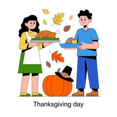 Thanksgiving Day illustration with turkey, pumpkin, and fall leaves.