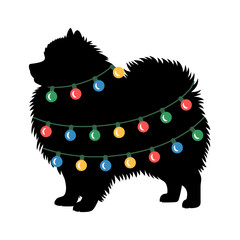 A black silhouette of a pomeranian dog is adorned with colorful string lights.