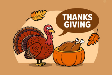Cartoon Thanksgiving turkey with pumpkin and turkey legs, fall season, Thanksgiving greeting.