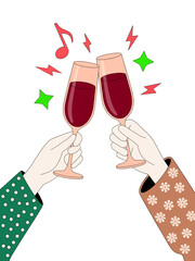 Cheers illustration with two hands toasting wine glasses with music notes and sparkles.