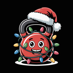 A cheerful red kettlebell features a smiling face and is adorned with colorful holiday lights. It wears a classic red Santa hat, adding to the festive theme.