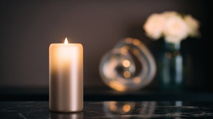 Softly glowing memorial candle beside a white rose in a minimalist boutique setting.