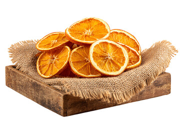 Pile of dried orange slices on a burlap cloth isolated on transparent background