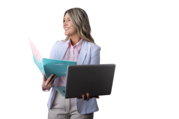 Young businesswoman standing smiling holding laptop and folder