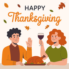 Thanksgiving celebration with turkey, wine toast, and festive greeting.