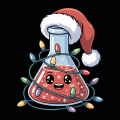 A cheerful laboratory flask adorned with a Santa hat is wrapped in colorful Christmas lights.