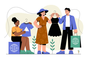Shopping and fashion illustration with three people, clothing items, and eco-friendly shopping bag