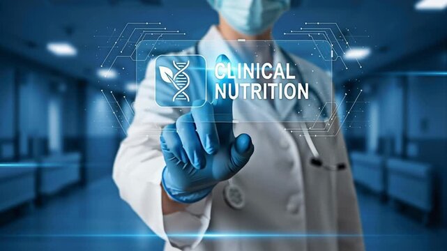 Medical professional touching the words of Clinical nutrition with concept of health care.