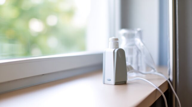 Pulmonologist's office with a modern spirometer on counter, natural light, clinical setting. STEM education sheets.