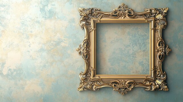 Elegant vintage frame on a textured blue wall, perfect for showcasing art, photography, or personal memories in an artistic setting