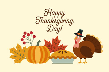 Flat Design Thanksgiving Day Illustration with Pumpkin, Turkey, Pie, and Autumn Leaves.