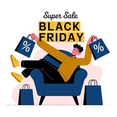 Flat Design Black Friday Super Sale Illustration with Man Relaxing on Couch Holding Shopping Bags.