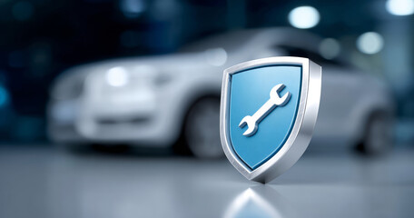 3D shield icon with wrench symbol representing car repair and automotive maintenance services in front of blurred white vehicle