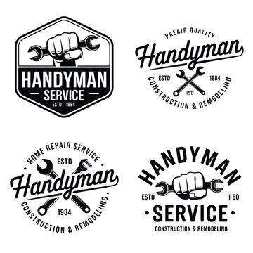 Collection of vintage handyman service logos with tools and fist