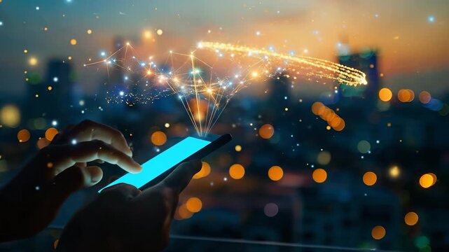 Hands holding a smartphone emitting a glowing digital network against a blurred city nightscape, symbolizing global connectivity and technology.