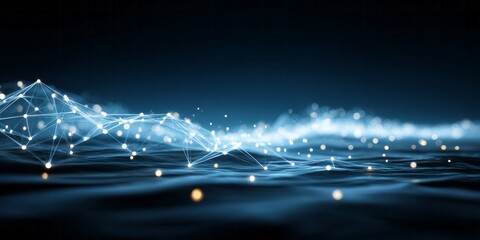 Glowing digital network structure flows across a dark, undulating surface