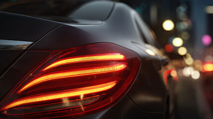 Illuminating view of a car's taillight, showcasing sleek design and the allure of urban driving at night. 