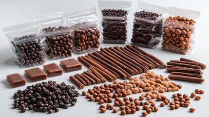 Assorted edible seeds, nuts, candies, and sticks in a studio setup