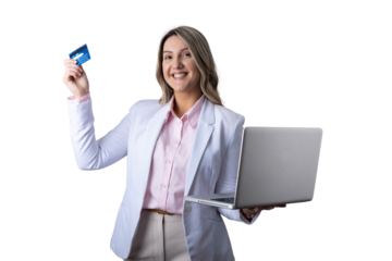 Woman holding credit card and laptop for online shopping