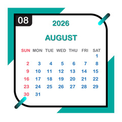 Clean august 2026 calendar page with teal accents