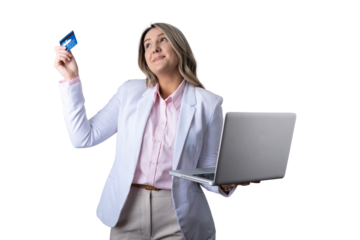 Woman holding credit card and laptop for online shopping