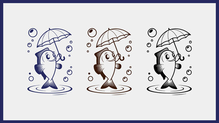 Three cartoon fish holding umbrellas in the rain