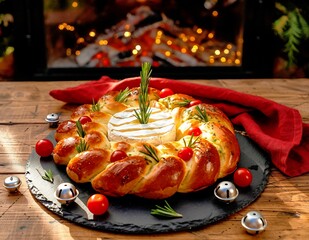 Warm Christmas Wreath Bread with Baked Brie, Rosemary and Cherry Tomatoes