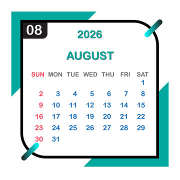 Clean august 2026 calendar page with teal accents