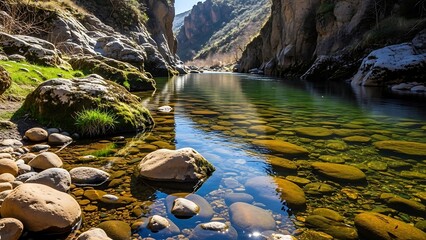 Crystal Clear River Canyon: Transparent Water Stone Bed Serene Landscape.