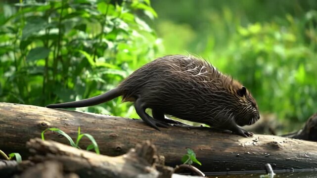 Close up of a single brown nutria on a log in nature. Landscape orientation with natural light.