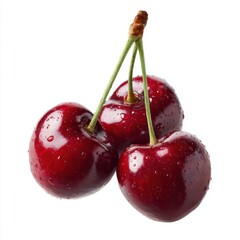 Fresh and Juicy Red Cherries with Water Droplets on White Background