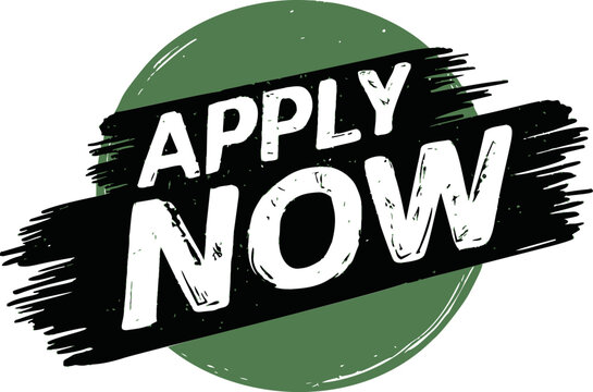 Apply now text sketch hand drawn on green circle with bold brushstroke. Vector illustration