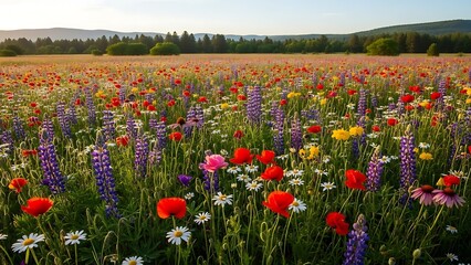 Expansive Wildflower Meadow Bathed in Golden Light Featuring Red Poppies Purple Lupines and Daisies.